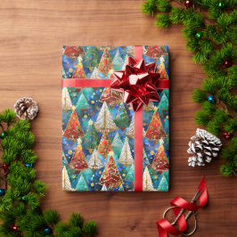 Kleurrijke Glas-in-Lood Kerstbomen Cadeaupapier