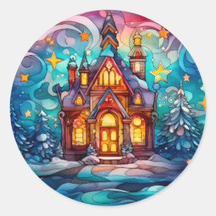 Kleurrijke glas-in-lood kerstboom en huis ronde sticker