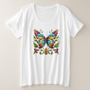 Kleurrijke glas-in-lood vlinder met bloemen grote maat t-shirt