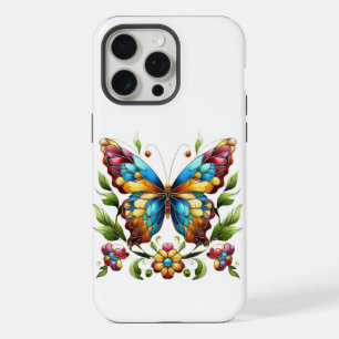 Kleurrijke glas-in-lood vlinder met bloemen iPhone 15 pro max case