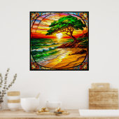 Kleurrijke Glas in lood zonsondergang over het str Poster (Keuken)