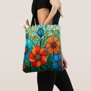 Kleurrijke Glazen in lood bloemen Tote Bag