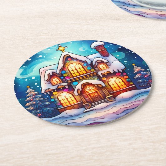 Kleurrijke Glazen in lood kerstboom en huis Ronde Kartonnen Onderzetter (Gebogen)