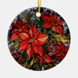 Kleurrijke Glazen in lood stijl Poinsettias & Holl Keramisch Ornament