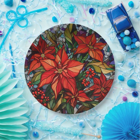 Kleurrijke Glazen in lood stijl Poinsettias & Holl Papieren Bordje (Feest)