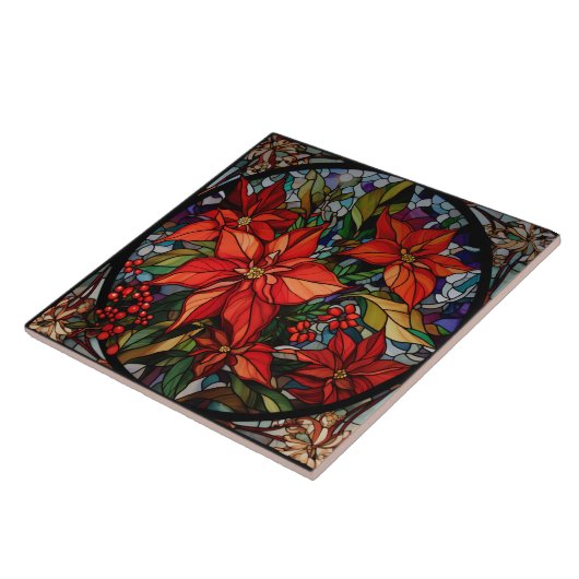 Kleurrijke Glazen in lood stijl Poinsettias & Holl Tegeltje (Zijkant)