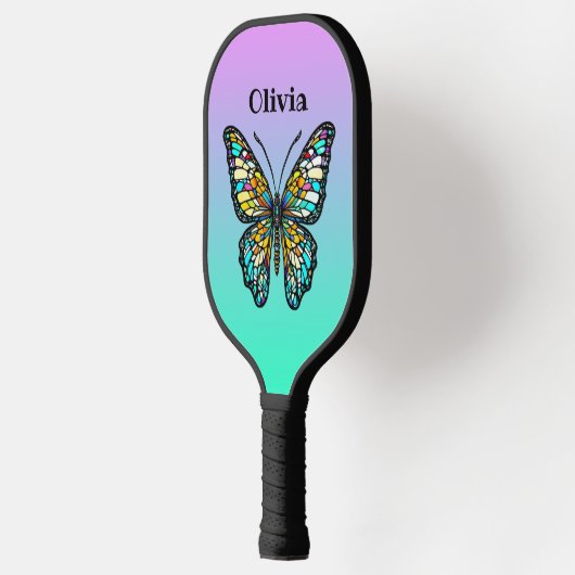 Kleurrijke Glazen in lood vlinder gepersonaliseerd Pickleball Paddle (Links)