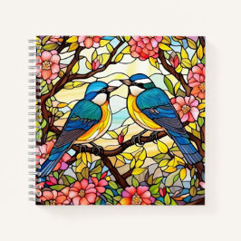 Kleurrijke Glazen in lood vogels op bloeiende takk Notitieboek