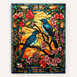 Kleurrijke Glazen in lood vogels op bloeiende takk Notitieboek