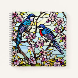 Kleurrijke Glazen in lood vogels op bloeiende takk Notitieboek