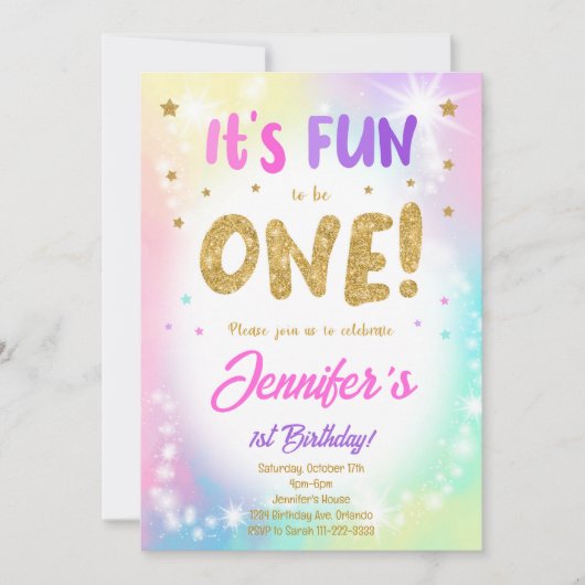 Kleurrijke Glitter 1e Verjaardag uitnodiging (Voorkant)
