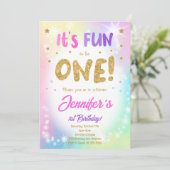 Kleurrijke Glitter 1e Verjaardag uitnodiging (Staand voorkant)