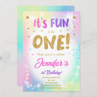 Kleurrijke Glitter 1e Verjaardag uitnodiging