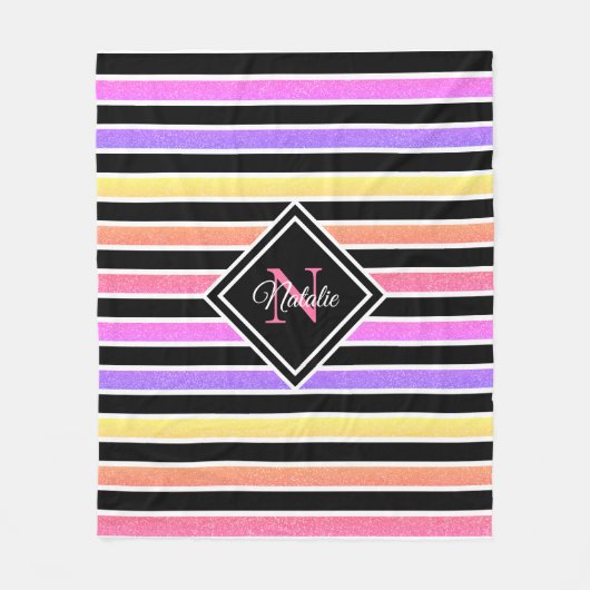 Kleurrijke Glitter Black Stripes Monogram Fleece Deken (Voorkant)