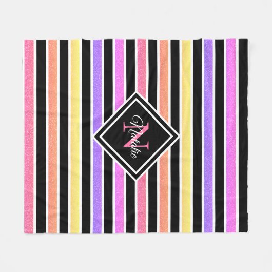 Kleurrijke Glitter Black Stripes Monogram Fleece Deken (Voorkant (Horizontaal))
