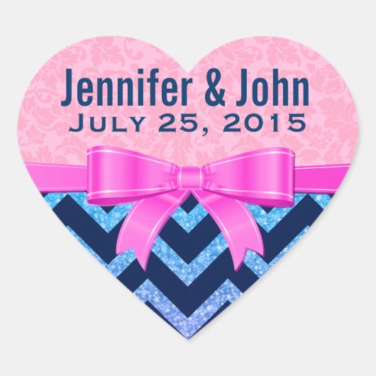 Kleurrijke Glitter Blauwe Chevron Roze Damasks Hart Sticker (Voorkant)