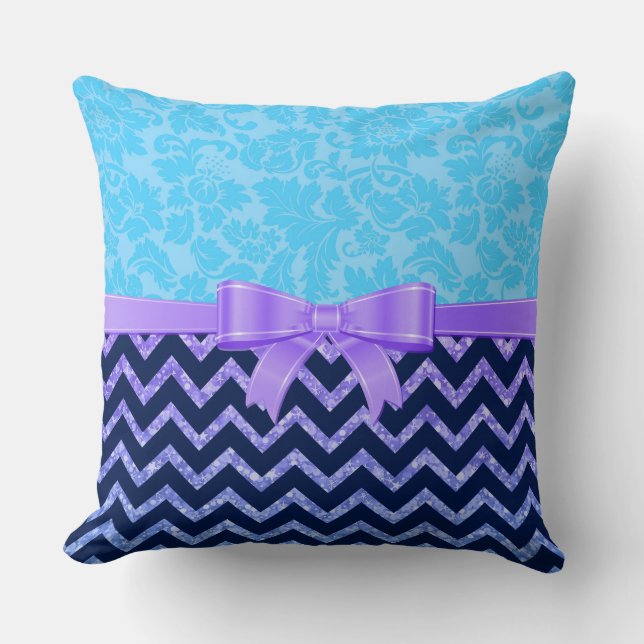 Kleurrijke Glitter Blue Chevron Blue Damasks Kussen (Voorkant)