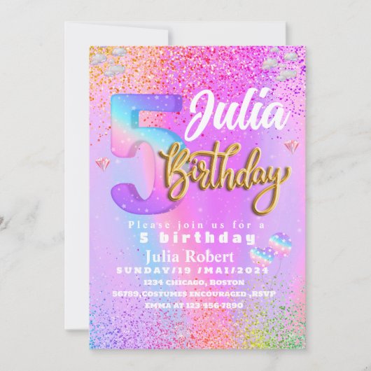 kleurrijke Glitter Eenhoorn Regenboog Vijf verjaar Kaart (Voorkant)