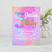 kleurrijke Glitter Eenhoorn Regenboog Vijf verjaar Kaart (Staand voorkant)