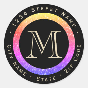 Kleurrijke Glitter Monogram Retouradreslabel Ronde Sticker