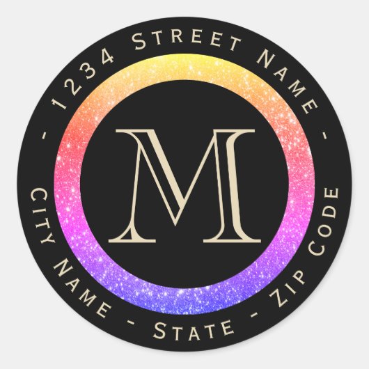 Kleurrijke Glitter Monogram Retouradreslabel Ronde Sticker (Voorkant)