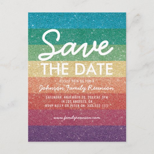 Kleurrijke Glitter Party Reünie Save the Date Aankondigingskaart (Voorkant)