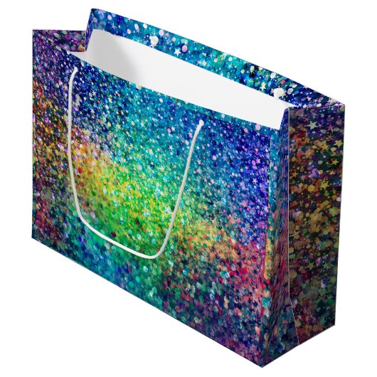 Kleurrijke glitter & witte sparkles textuur afdruk groot cadeauzakje (Voorkant Gekanteld)