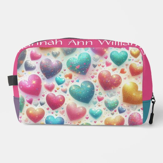 Kleurrijke glitterharten gepersonaliseerd toilettasje (Voorkant)
