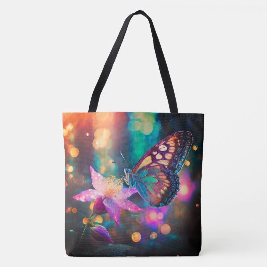 Kleurrijke gloeiende vlinder en Columbine bloem Tote Bag (Voorkant)