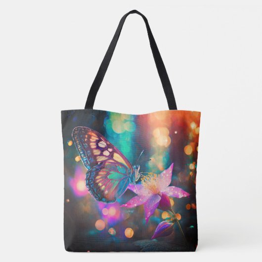 Kleurrijke gloeiende vlinder en Columbine bloem Tote Bag (Achterkant)