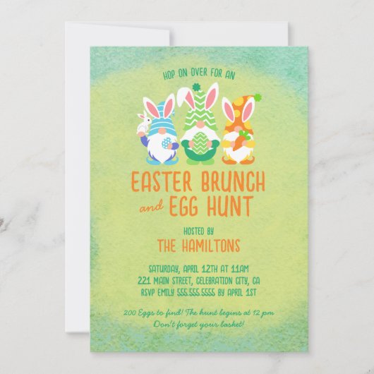 Kleurrijke Gnome Pasen Brunch en Egg Hunt Kaart (Voorkant)