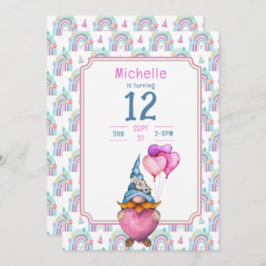 Kleurrijke Gnome Retro verjaardagsuitnodiging Kaart (Voorkant / Achterkant)