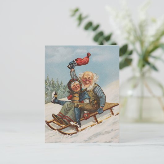 Kleurrijke  gnomen op een slee-kaart briefkaart (Staand voorkant)