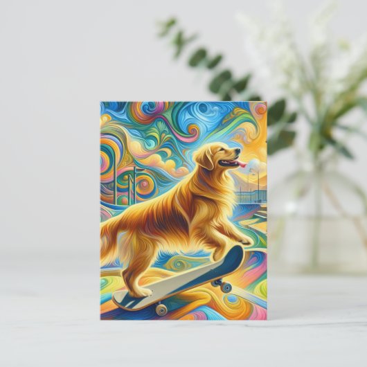 Kleurrijke Golden Retriever Skateboarden Briefkaart (Staand voorkant)