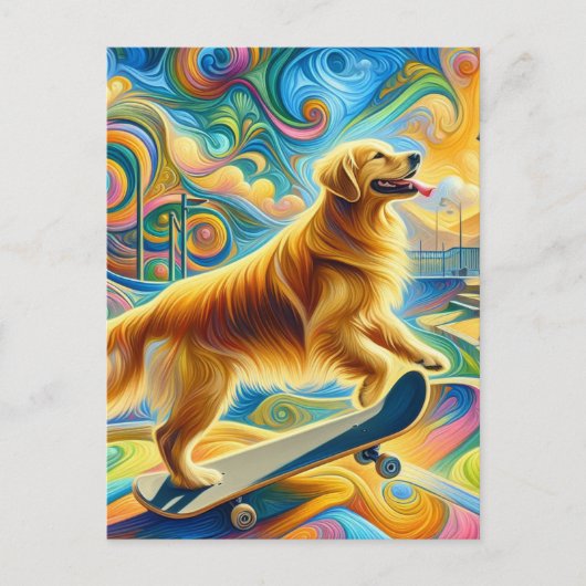 Kleurrijke Golden Retriever Skateboarden Briefkaart (Voorkant)