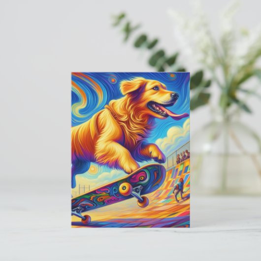 Kleurrijke Golden Retriever Skateboarden Briefkaart (Staand voorkant)