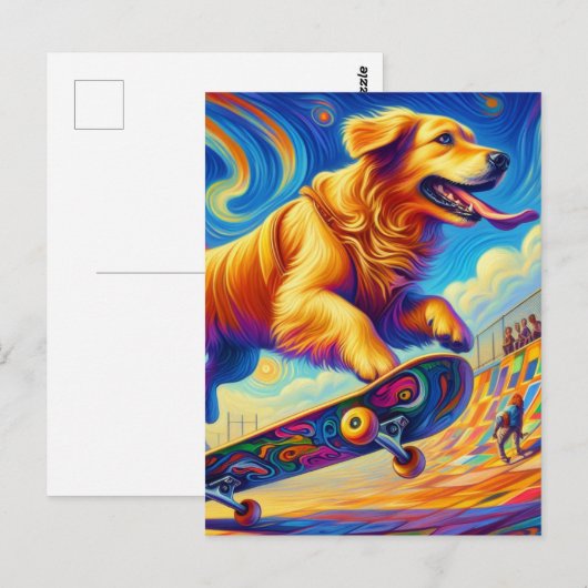 Kleurrijke Golden Retriever Skateboarden Briefkaart (Voorkant / Achterkant)