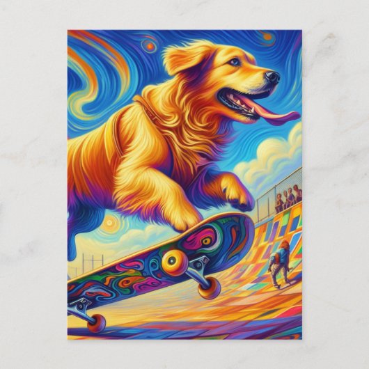 Kleurrijke Golden Retriever Skateboarden Briefkaart (Voorkant)