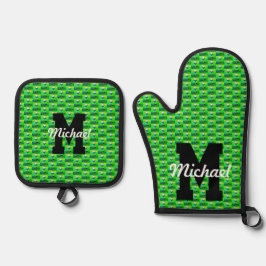 Kleurrijke golfpatroon Monogram T-shirt Off Naam S Ovenwant & Pannenlap Set