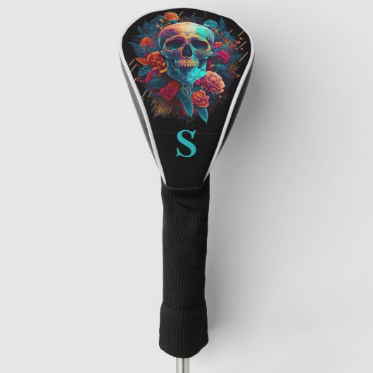 Kleurrijke Gotische Roos Sugar Skull Monogram Golfheadcover (Voorkant)
