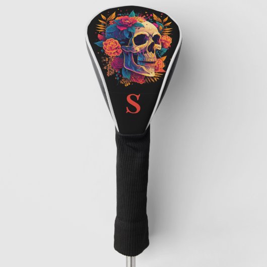 Kleurrijke Gotische Roos Sugar Skull Monogram Golfheadcover (Voorkant)