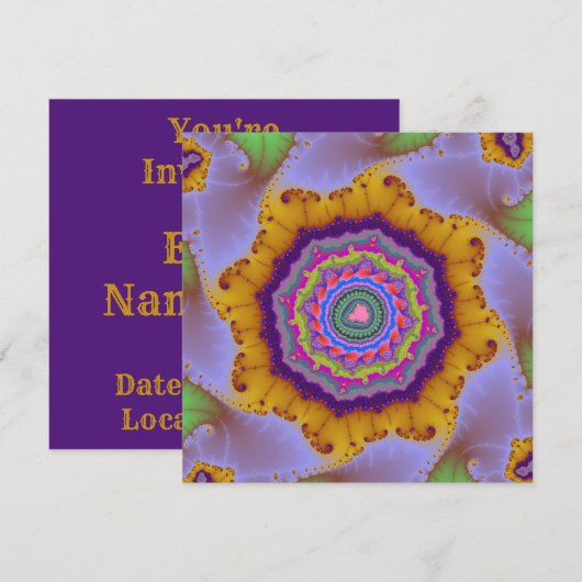 Kleurrijke Gouden en Paarse Fractale Verjaardag Kaart (Voorkant / Achterkant)