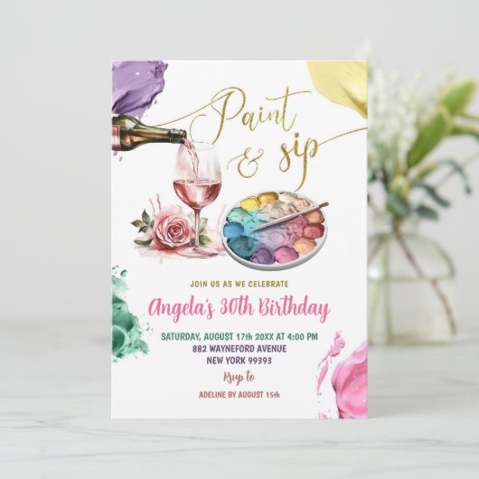 Kleurrijke Gouden Verf en Sip Volwassen Verjaardag Kaart (Staand voorkant)