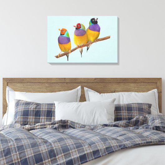 Kleurrijke Gouldian Finches in Pastels Canvas Afdruk (Insitu (Slaapkamer))