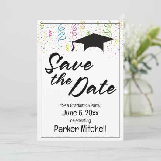 Kleurrijke Graduation Party Save the Date Kaart (Staand voorkant)