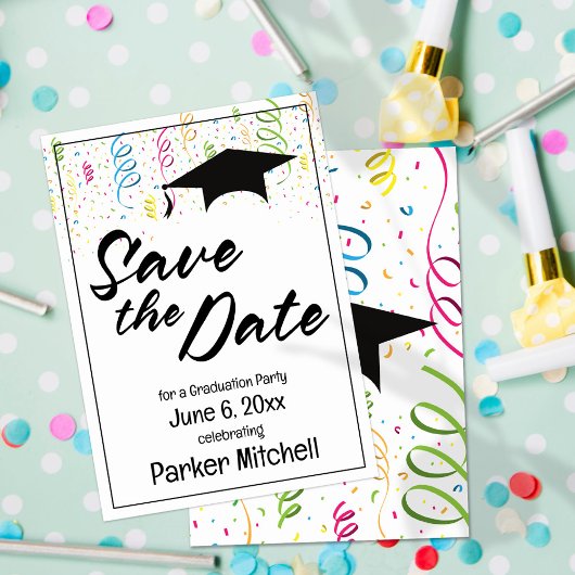Kleurrijke Graduation Party Save the Date Kaart