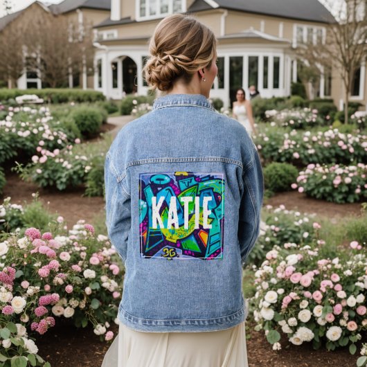 Kleurrijke Graffiti Aangepaste Monogram Naam Kleur Denim Jacket (Huwelijk Achterkant)