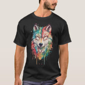 Kleurrijke graffiti geschilderd wolf portret t-shirt (Voorkant)