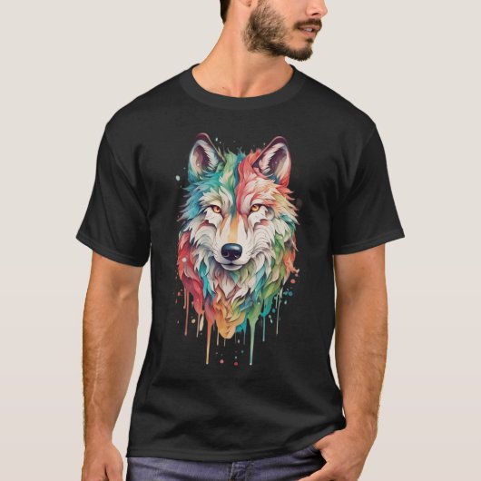 Kleurrijke graffiti geschilderd wolf portret t-shirt (Voorkant)