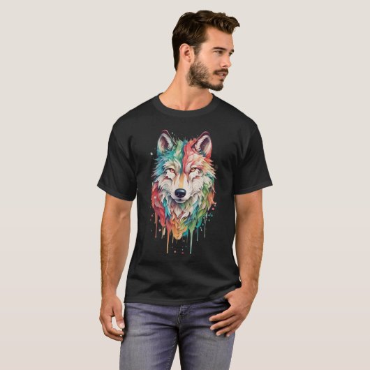 Kleurrijke graffiti geschilderd wolf portret t-shirt (Voorkant volledig)